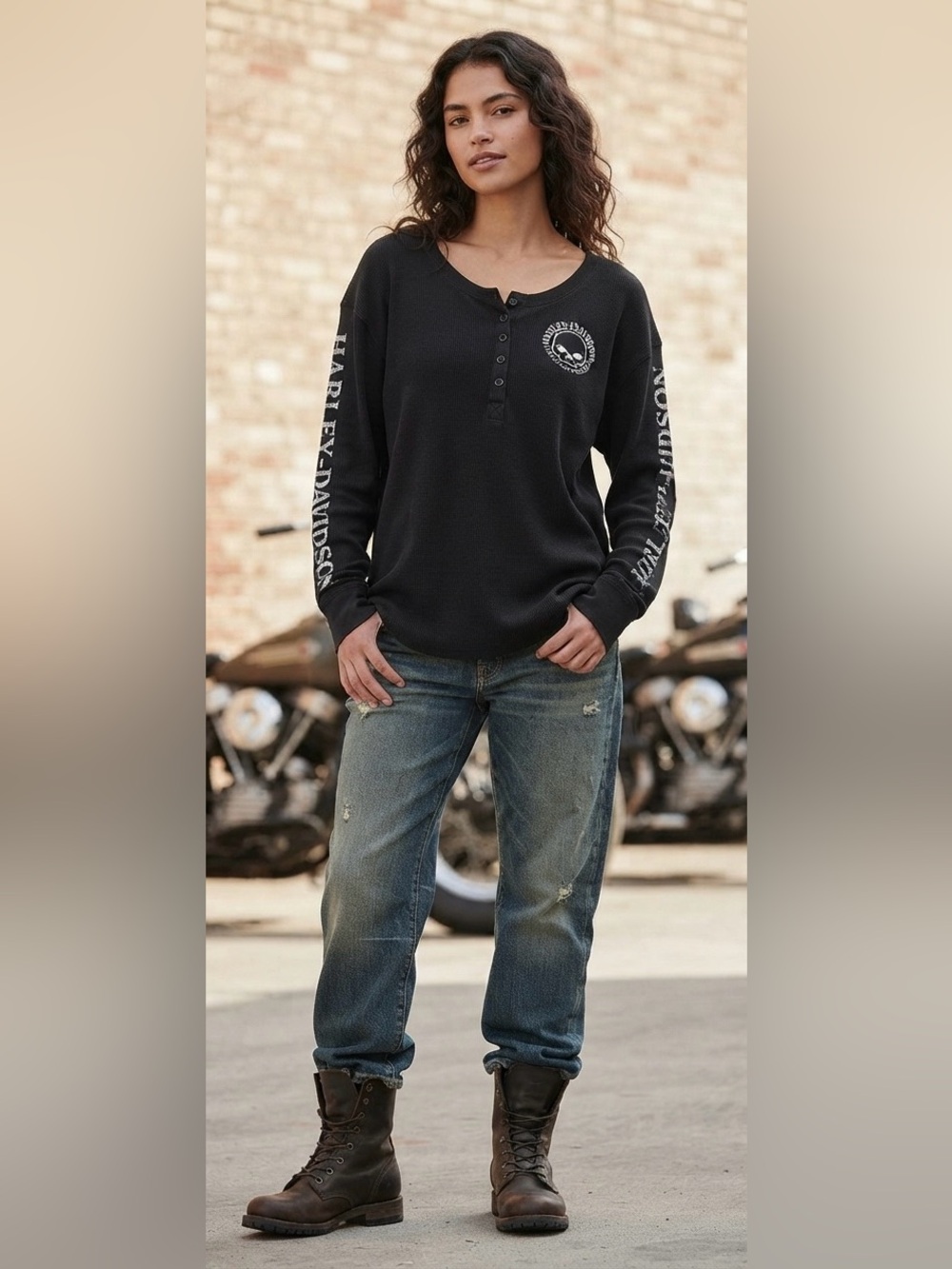 Harley-Davidson Black Long-Sleeve Henley with White Sleeve Logos